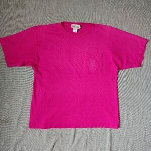 VINTAGE Daniel Caron T-Shirt Size Large Pink Loose Fit Pocket Crewneck USA Adult